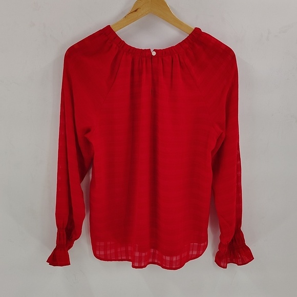 LOFT Smocked Cuff Blouse Red Size Small Lined Stretch Collar Peasant Top - Picture 6 of 9